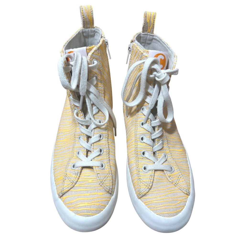 Camper High Top Sneakers Yellow Beige Striped Canvas Side Zip Shoes US 7 EU 38